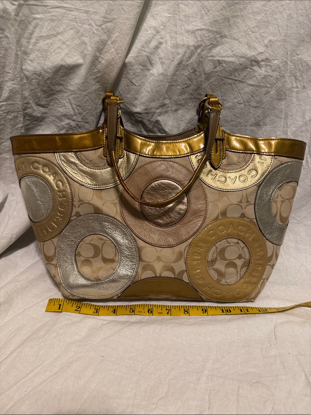 Coach Metallic Circle Appliqué Tote - Gold, Silver & Tan